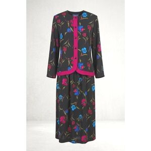 Nancy II Vintage 90s Floral Skirt Set Black Pink Blue Two Piece Size 14 USA Made